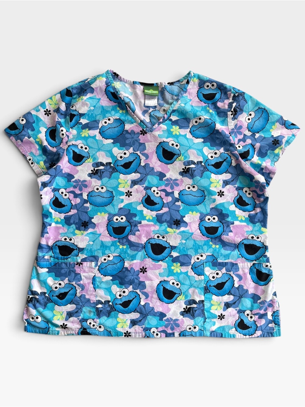 Sesame Street Cookie Monster Print Scrub Top XL Blue Purple